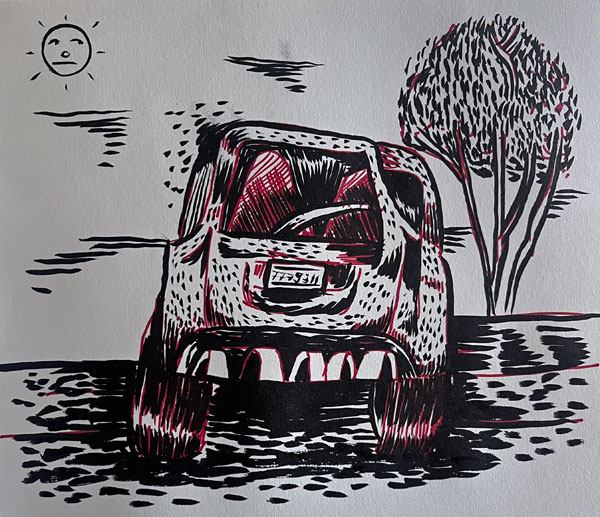 'view out the front window, en route to San Diego, Black Cat' drawn by johnny herndon on sep 19, 2026